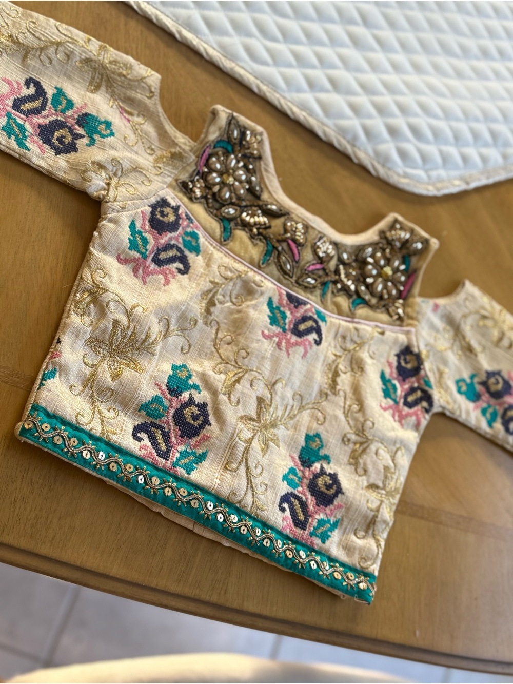 Young Girls Cream Embroidered Top with Jeweled Bead Accents - Made in India